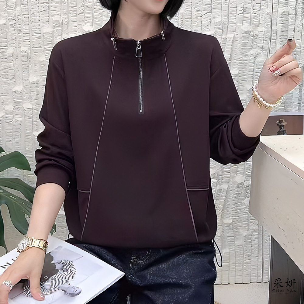 立領拉繩壓線長袖上衣