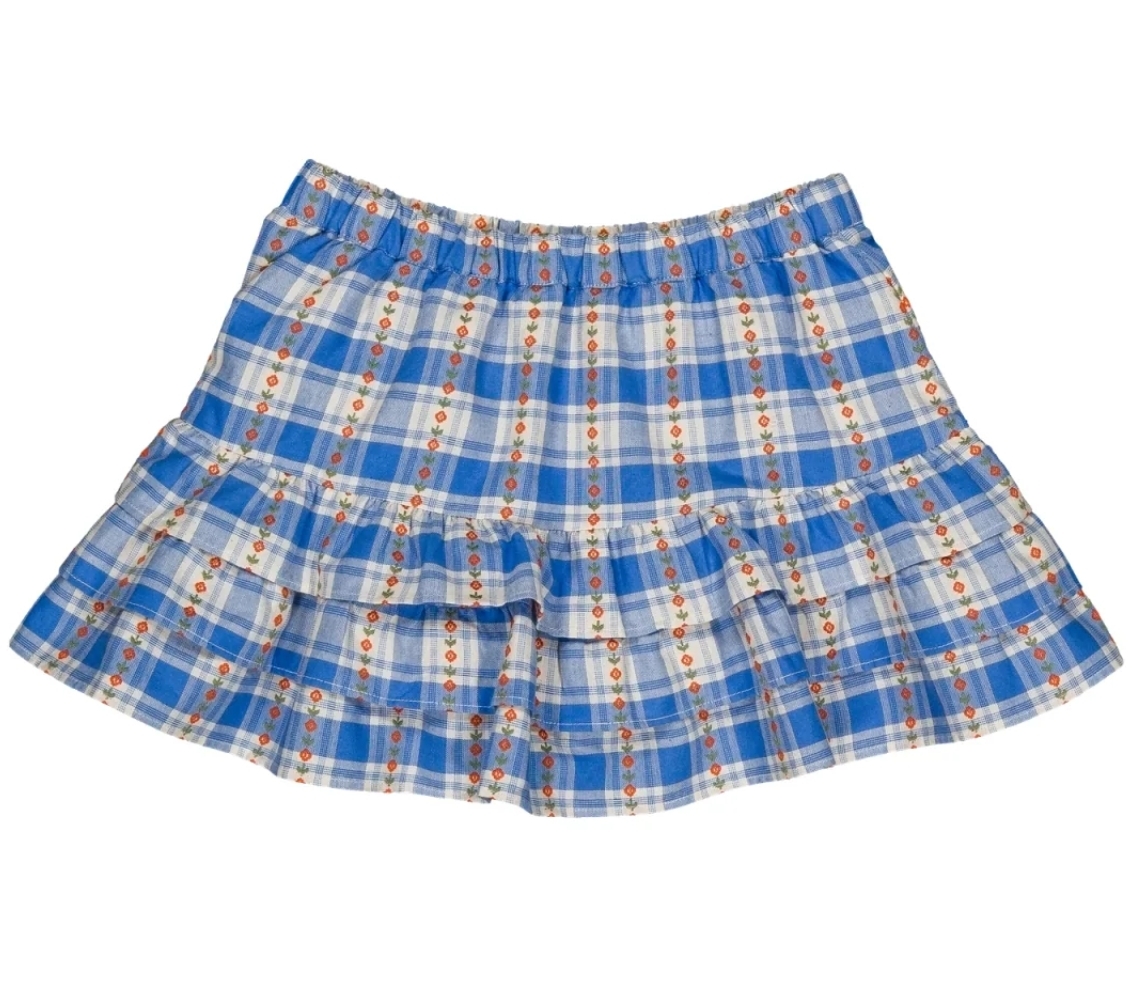 HELLO SIMONE 藍格紋小花刺繡蛋糕褲裙 Lea skirt Blue check