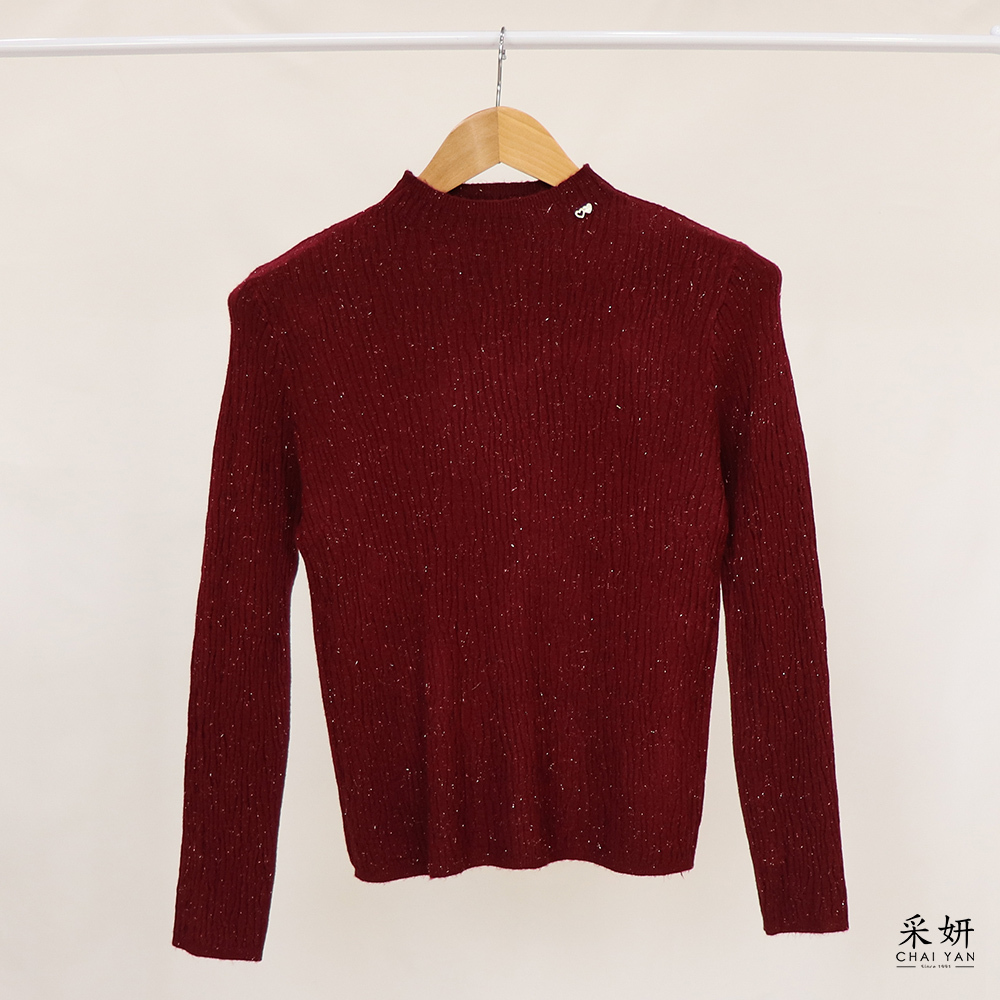 木紋織法亮絲微高領長袖上衣