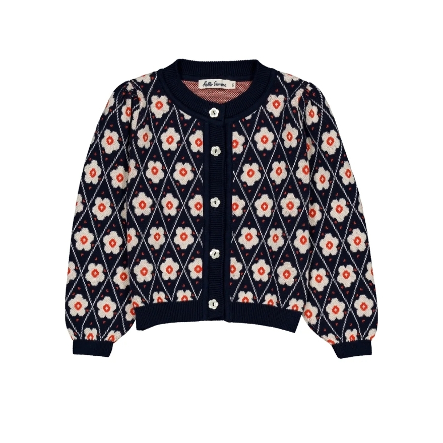 HELLO SIMONE 小花釦菱格紋針織開衫 Lison cardigan Navy Flower