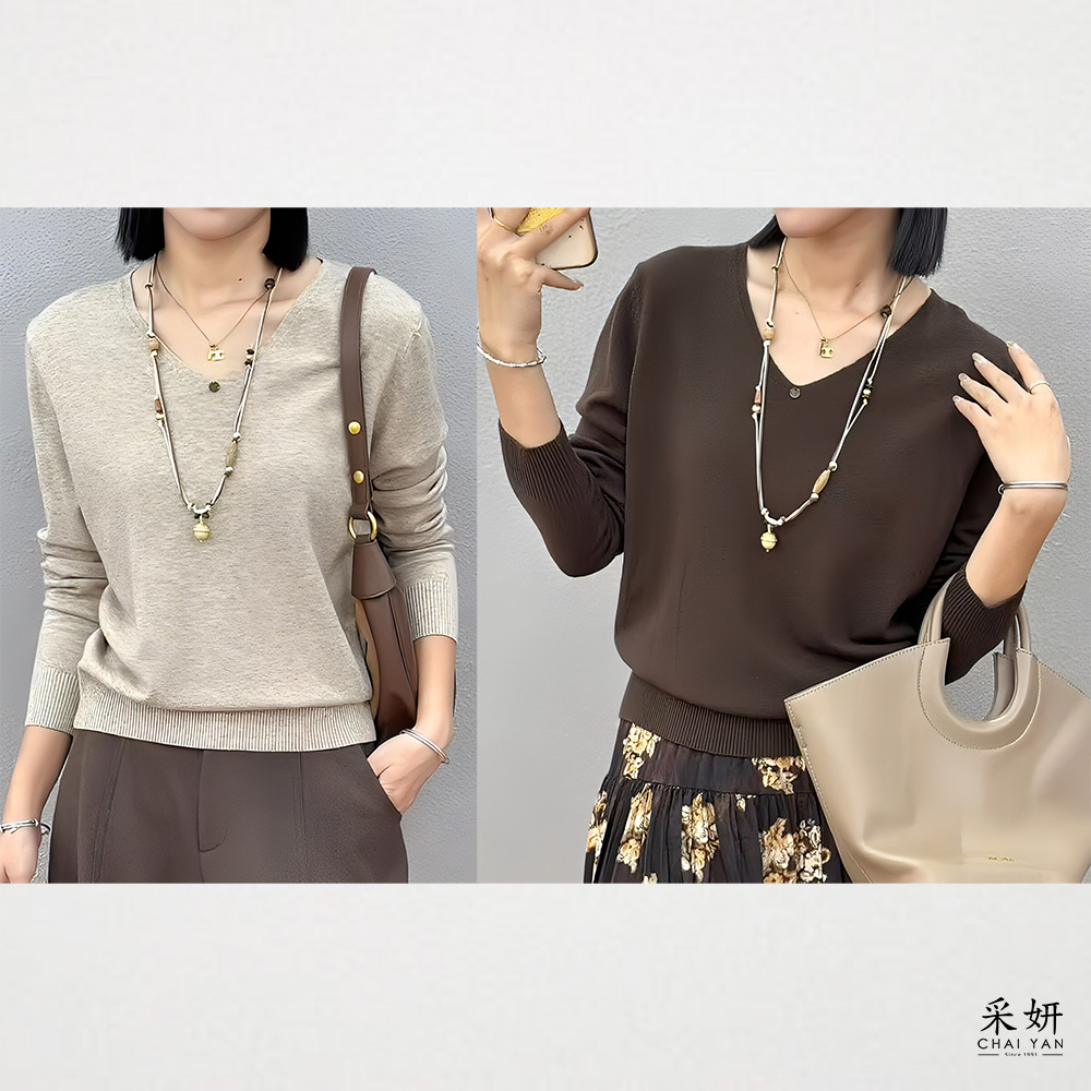 素色V領愛心微絨長袖上衣