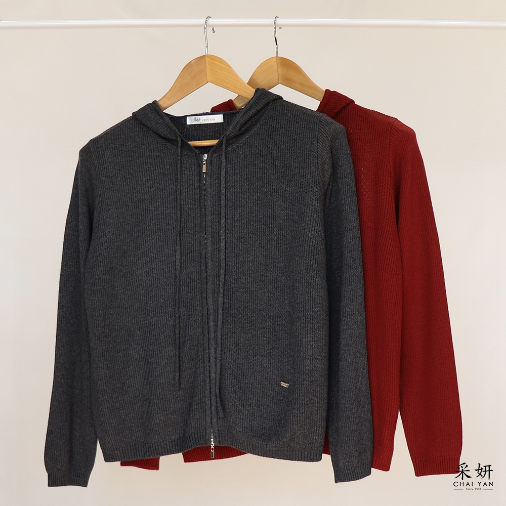 素色連帽拉繩針織外套