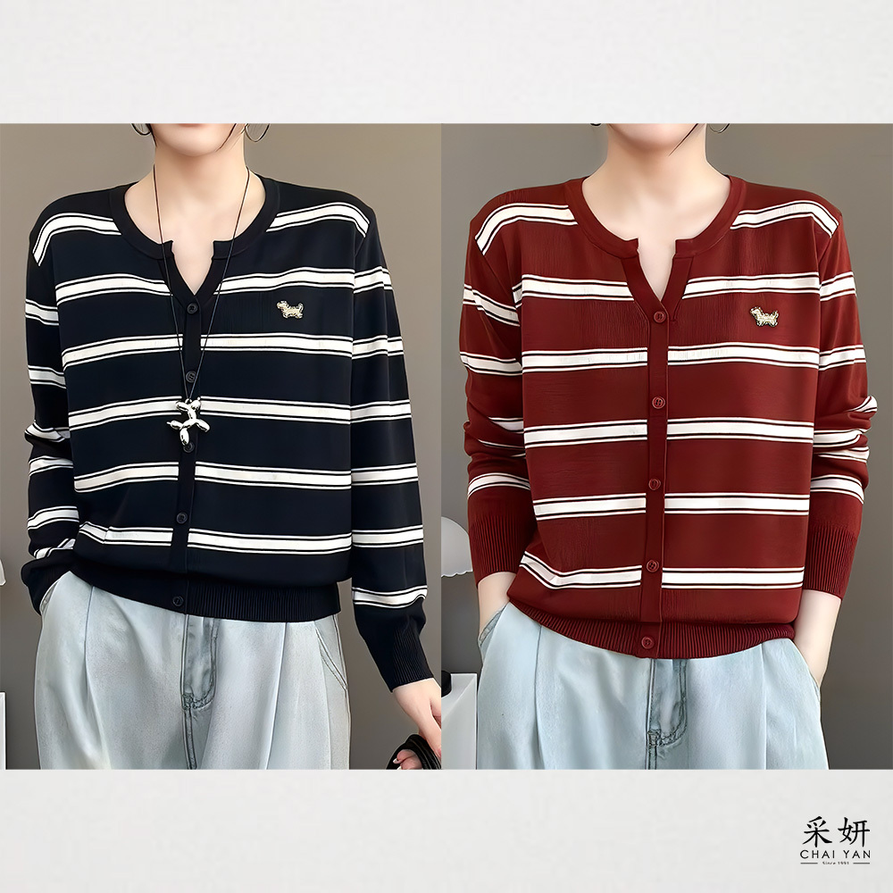 狗狗綴飾橫條假排釦針織長袖上衣