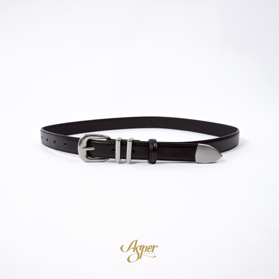 SBG 霧銀雙環真皮窄版皮帶 B0147