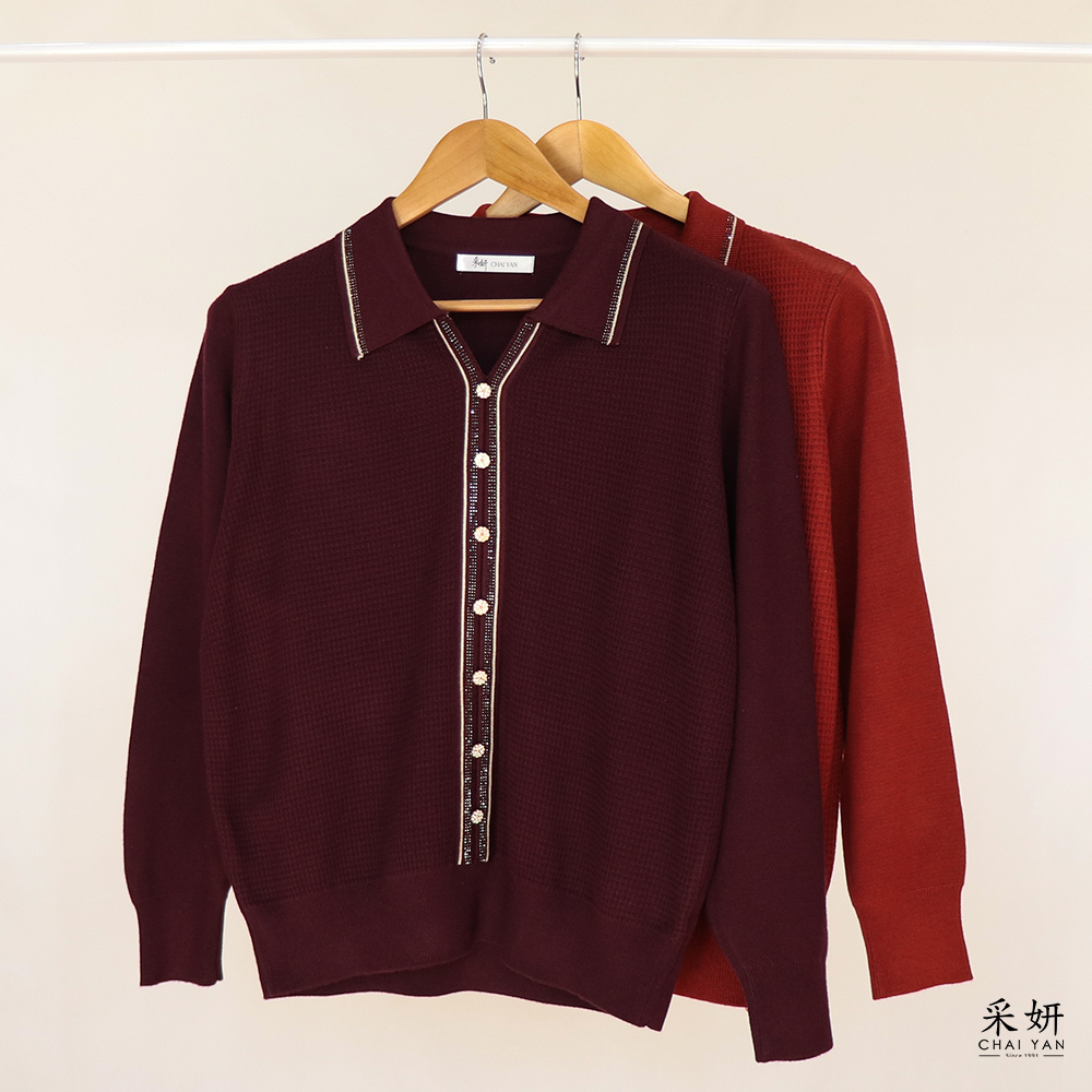 水鑽華夫格感翻領針織長袖上衣