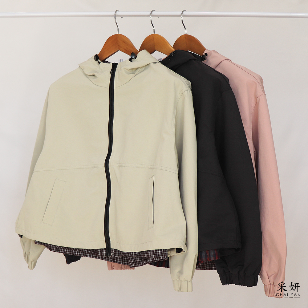 格紋跳布防風連帽外套