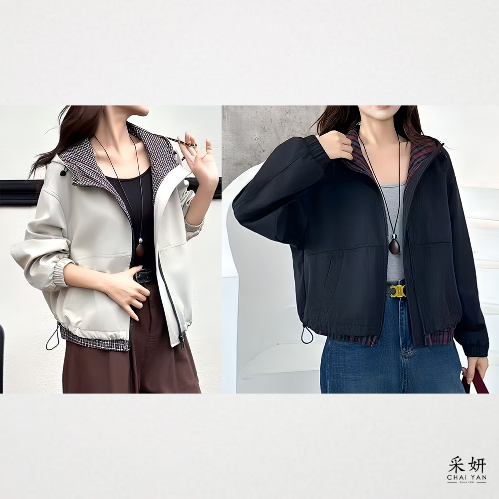 格紋跳布防風連帽外套