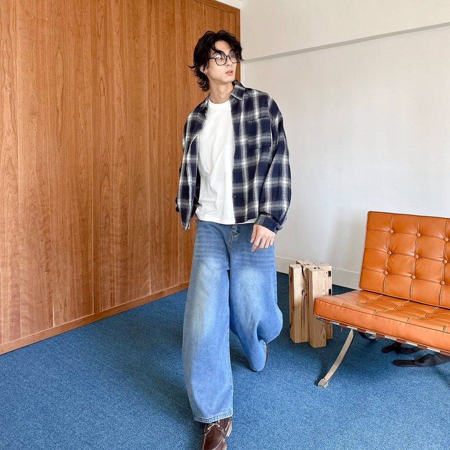 格紋短版長袖襯衫 深藍