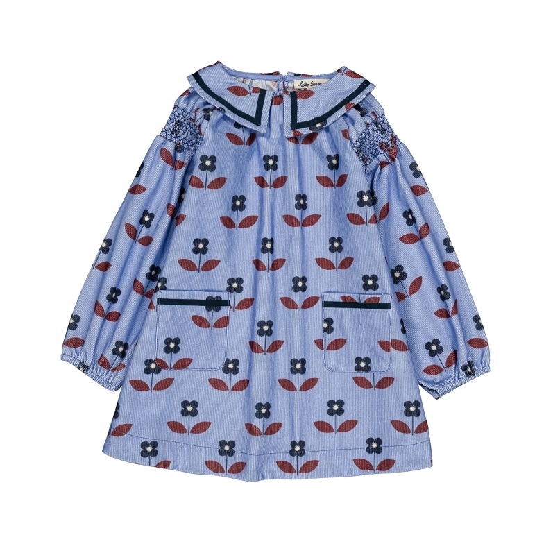 HELLO SIMONE 肩線鬆緊壓褶洋裝 Martha dress Flora blue