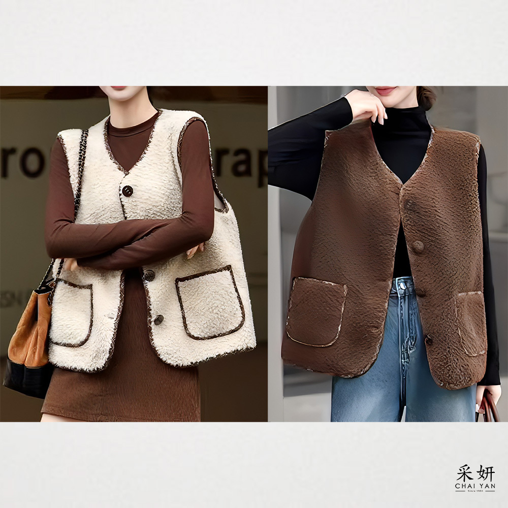 格紋羊羔絨麂皮鈕釦背心