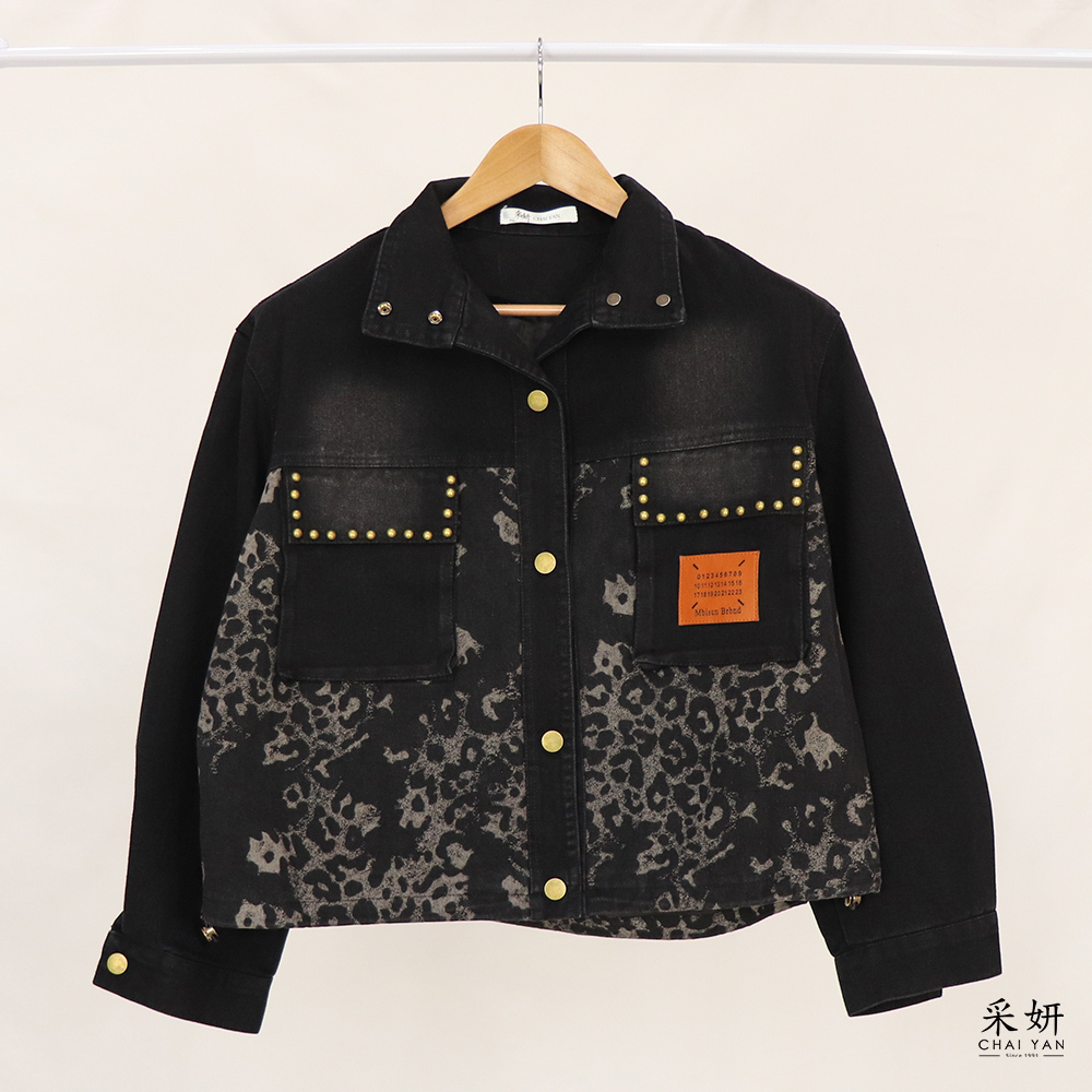 皮標豹紋壓釦立領牛仔外套