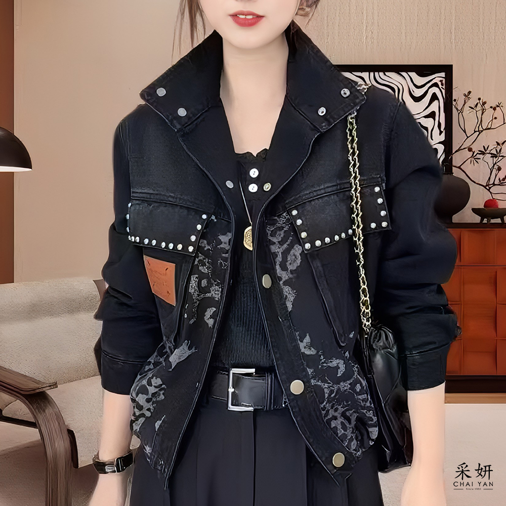 皮標豹紋壓釦立領牛仔外套