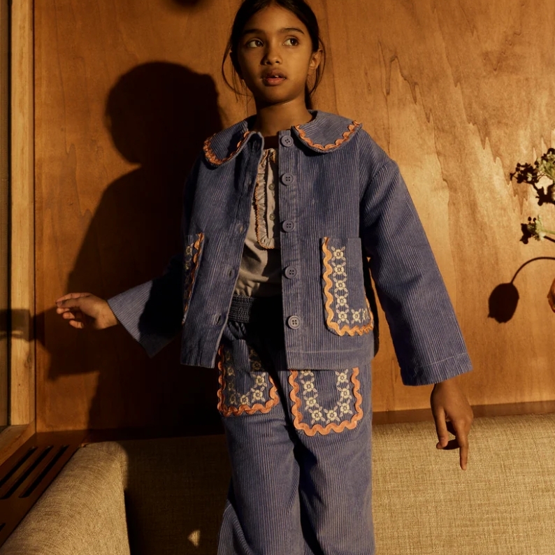 HELLO SIMONE 撞色刺繡大口袋燈芯絨長褲 Mouna pants Sky