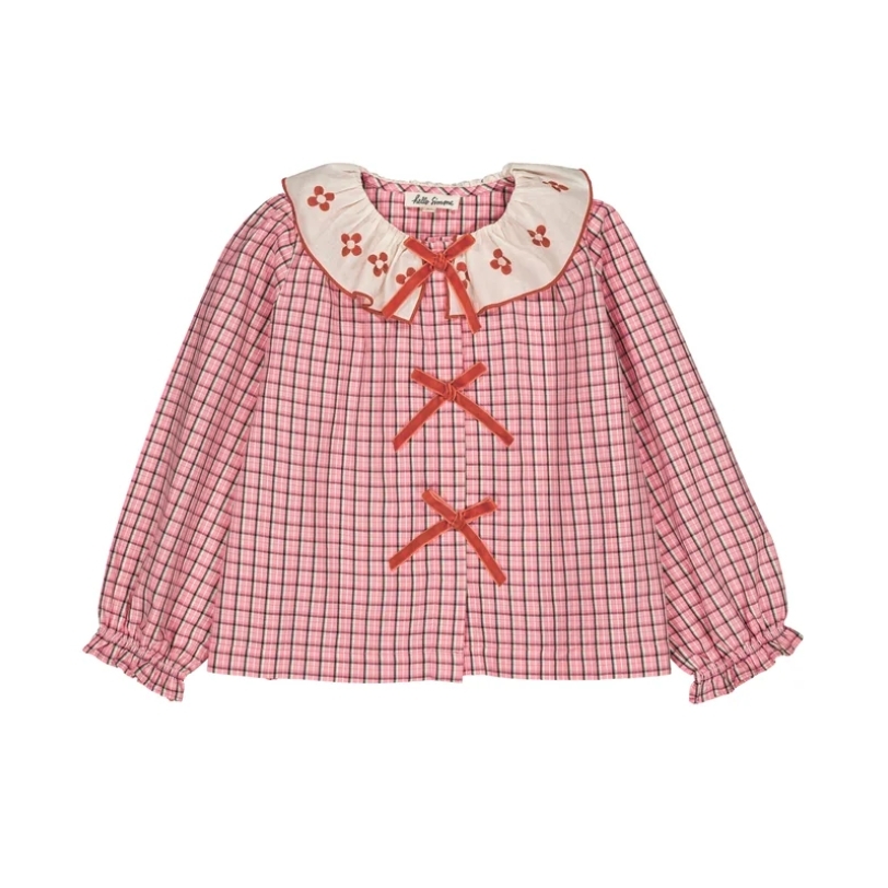 HELLO SIMONE 粉格紋花領蝴蝶結襯衫 Myrtille blouse Pink check