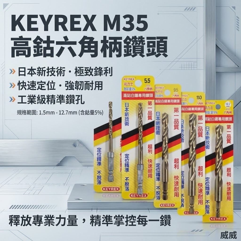 KEYREX 克力士｜M35 六角高鈷鑽頭｜HSS 六角軸 金屬專用鑽尾｜六角柄高硬度鑽尾｜台灣製｜定位精準