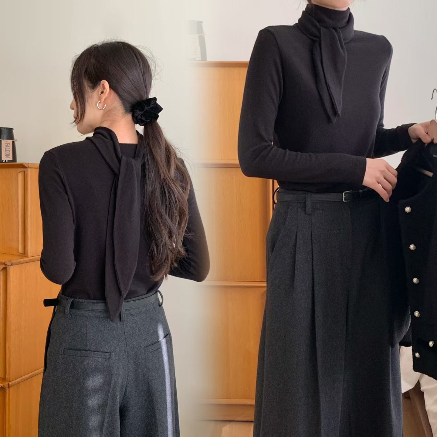 前後可綁帶領巾造型合身長袖上衣 / 4色