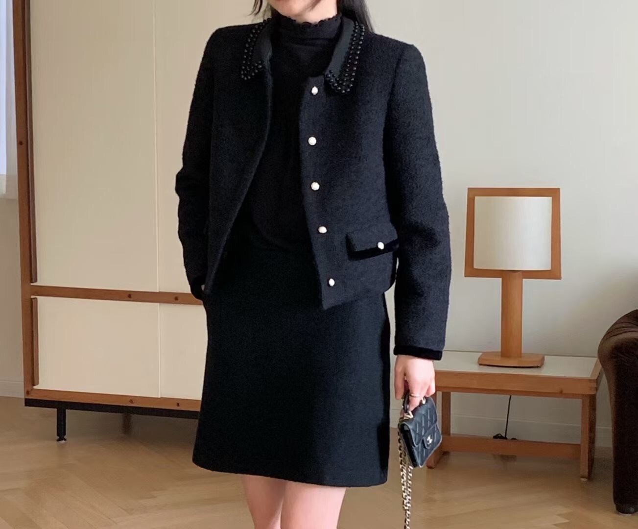 經典黑兩穿可拆式珠珠領片毛呢小香外套-S-M