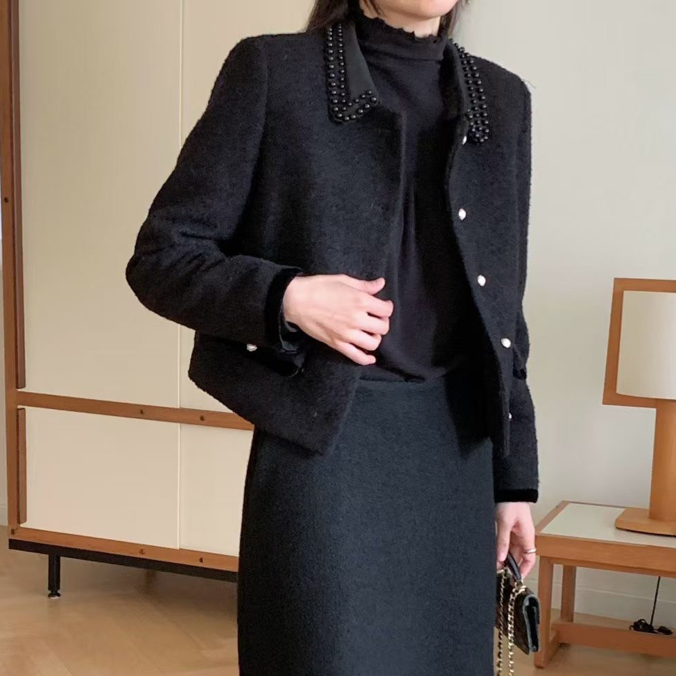 經典黑兩穿可拆式珠珠領片毛呢小香外套-S-M