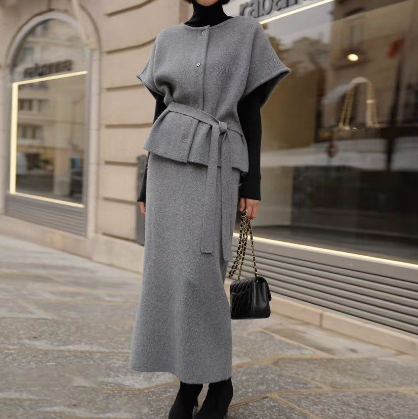 落肩綁帶排釦圓領背心上衣+長裙SET / 2色