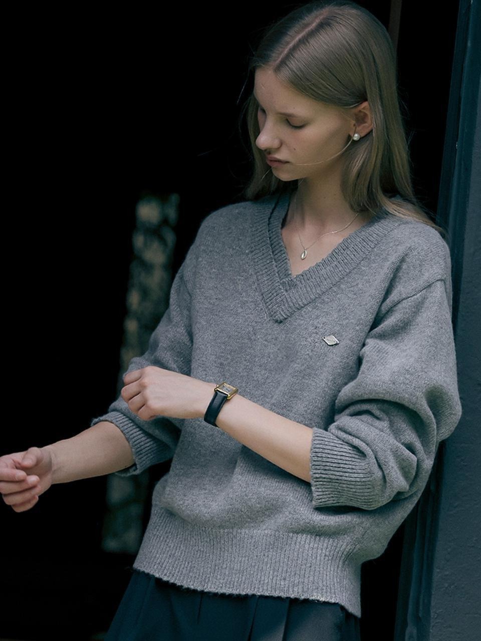 TILLIDIE Double rib v-neck wool blended knit