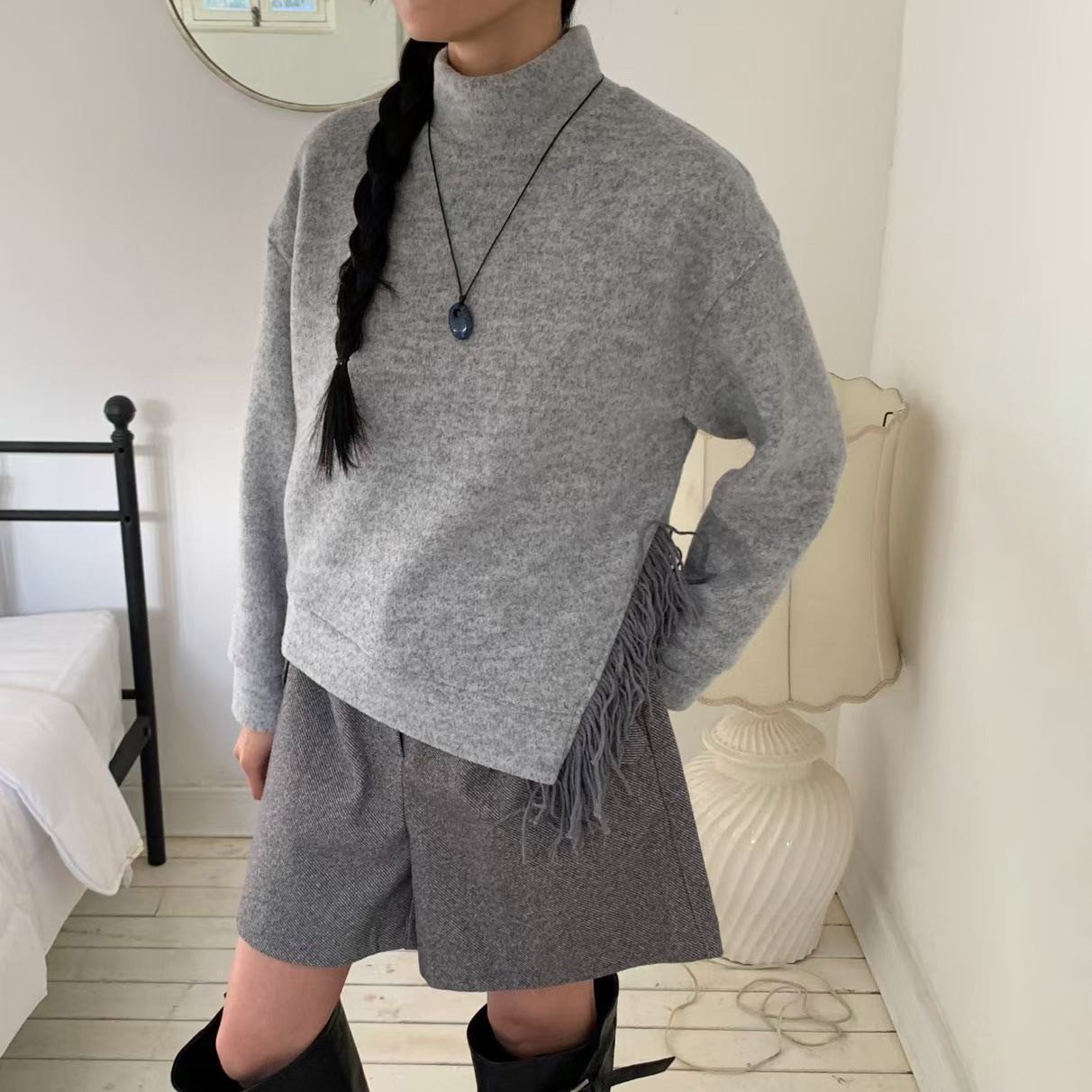 獨特感側開衩流蘇造型立領針織毛衣 / 3色