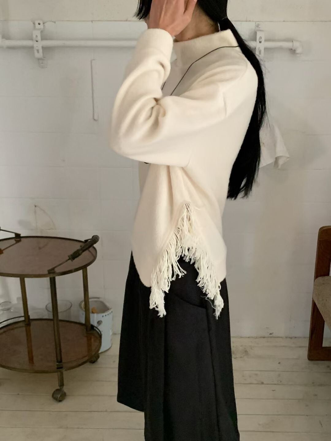 獨特感側開衩流蘇造型立領針織毛衣 / 3色