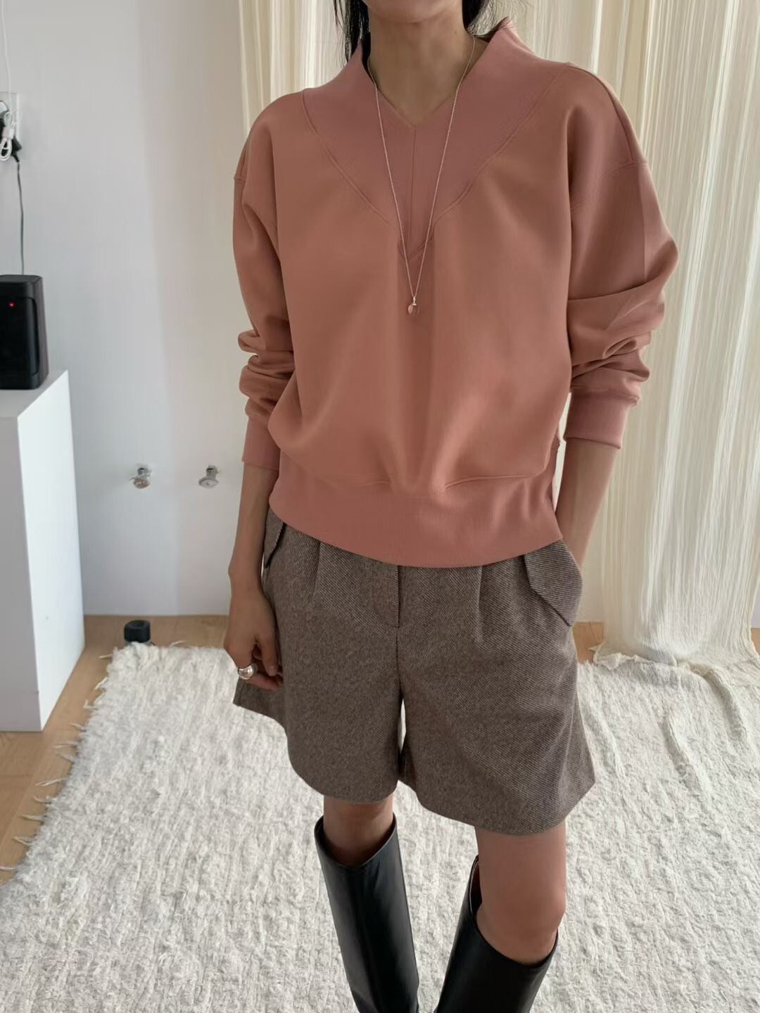 後腰鬆緊質感灰混色毛呢五分褲短褲-F