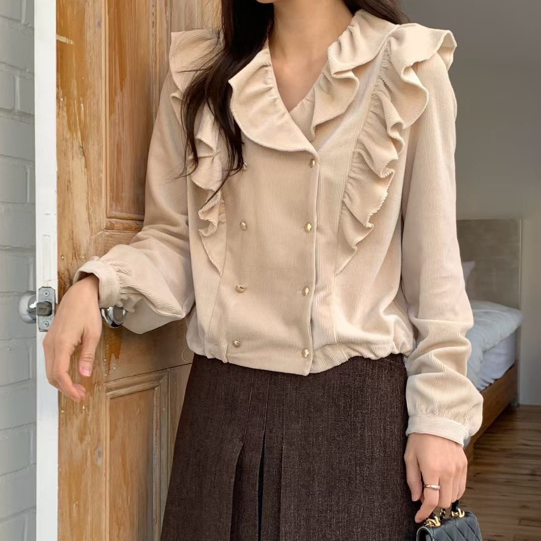 層次雙肩荷葉領片造型雙排釦V領上衣 / 2色