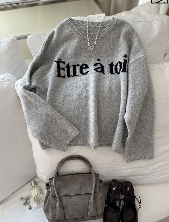 配色法式字母圓領針織上衣毛衣 / 3色