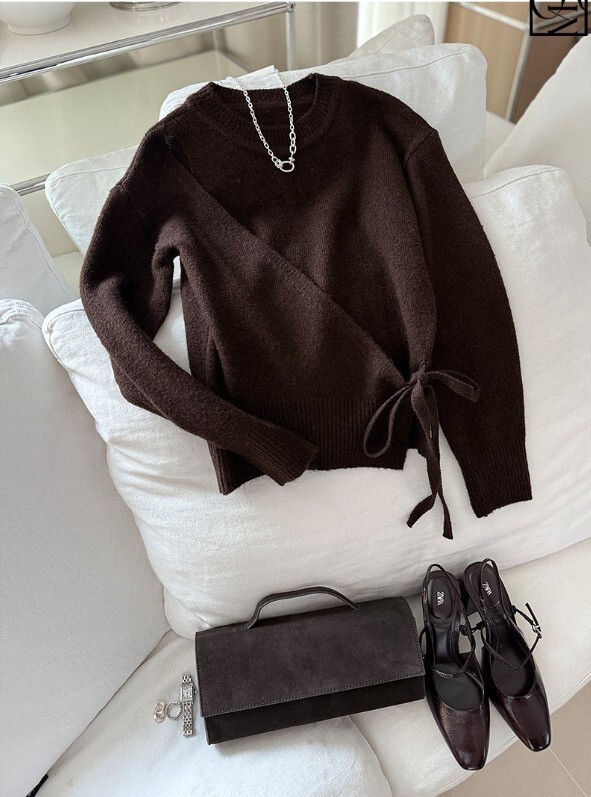 質感層次下擺綁帶造型圓領針織毛衣 / 3色