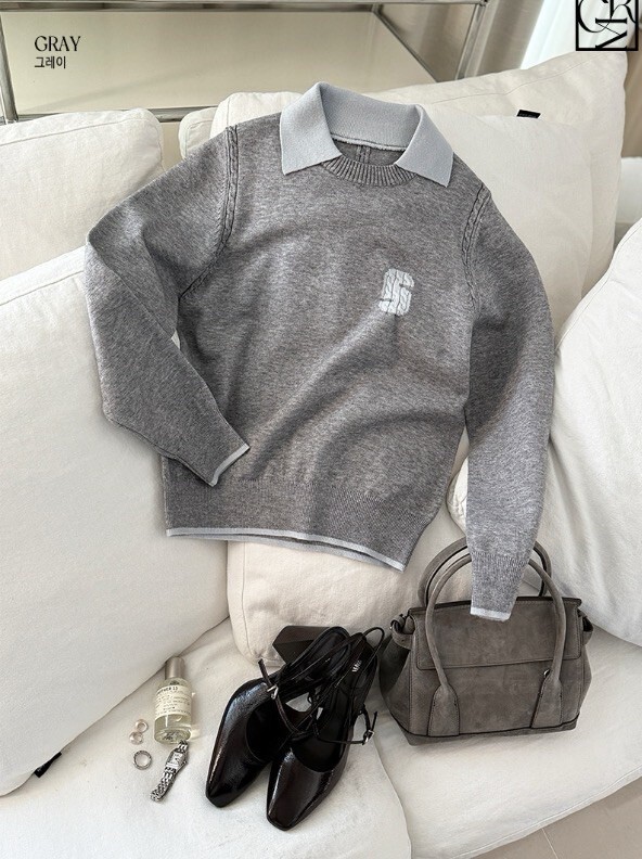 假兩件配色滾邊翻領S字母針織毛衣 / 3色