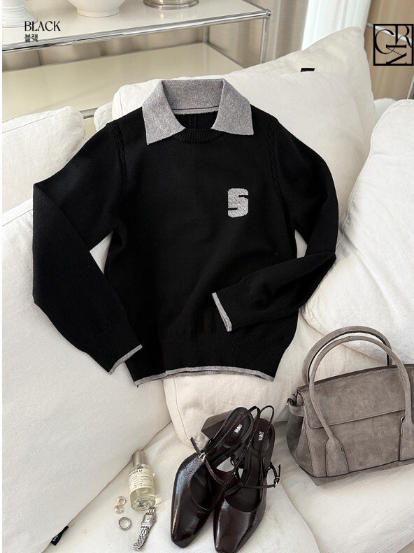 假兩件配色滾邊翻領S字母針織毛衣 / 3色