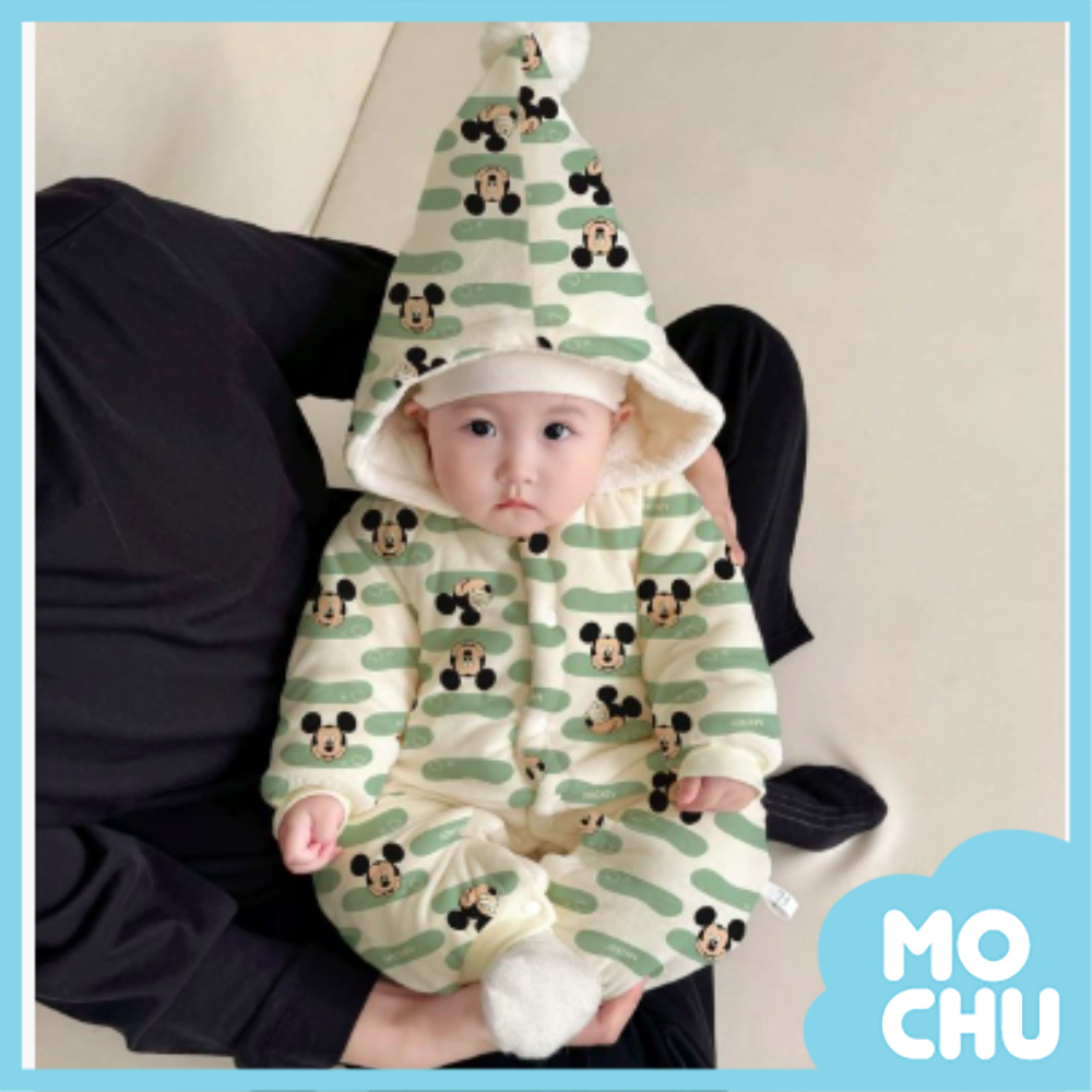 綠紋米奇加絨加厚連身衣(帽可拆)