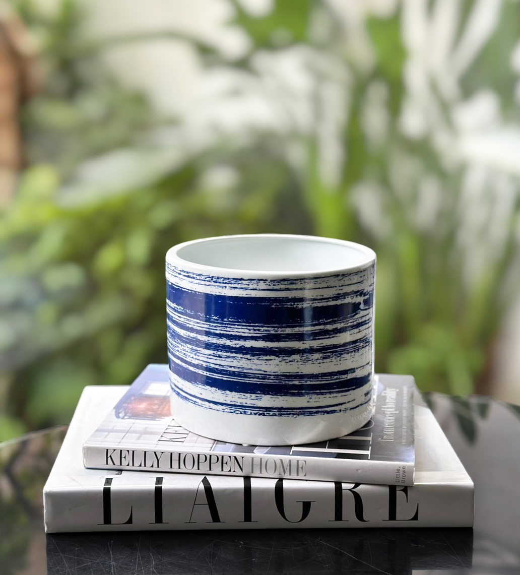 藍白圓柱花器 揮毫