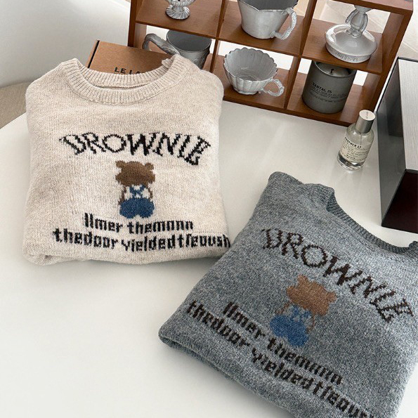 可愛小熊穿吊帶褲圓領針織上衣毛衣 / 3色