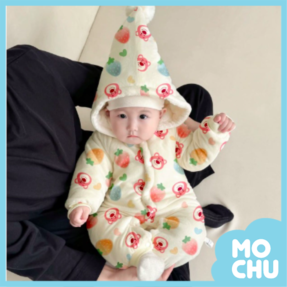 繽紛草莓加絨加厚連身衣(帽可拆)
