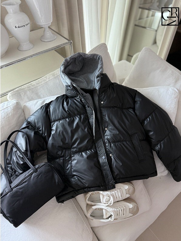 配色假兩件連帽造型澎澎鋪棉外套 / 2色