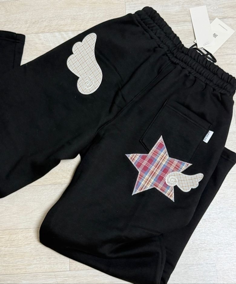 【預購】韓國 Ambler 星形貼布 Angel Star Patch 刺繡 翅膀 內刷毛 格紋 縫線 寬褲 長褲