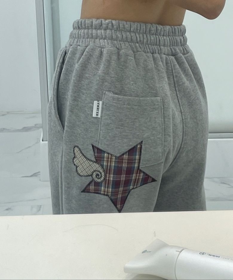 【預購】韓國 Ambler 星形貼布 Angel Star Patch 刺繡 翅膀 內刷毛 格紋 縫線 寬褲 長褲