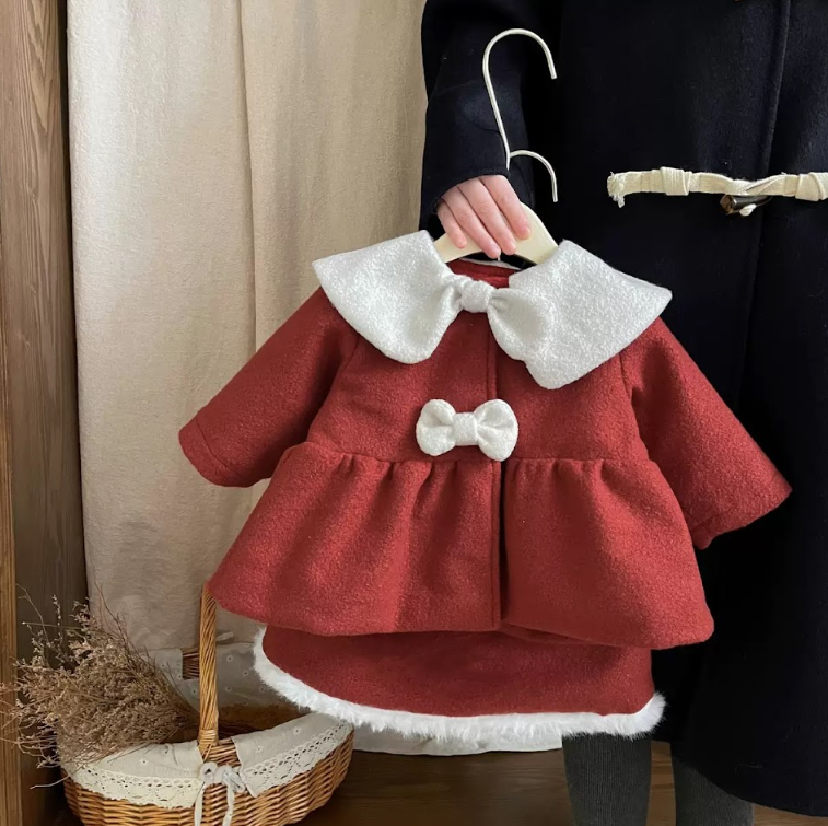BYB12SE042RD 紅色蝴蝶結女孩絨裙套裝
