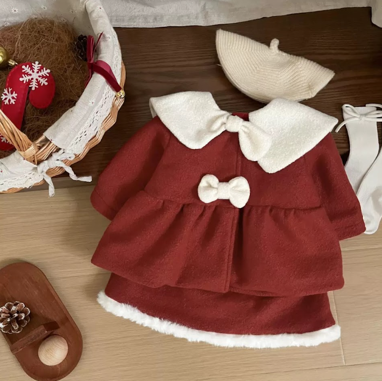 BYB12SE042RD 紅色蝴蝶結女孩絨裙套裝