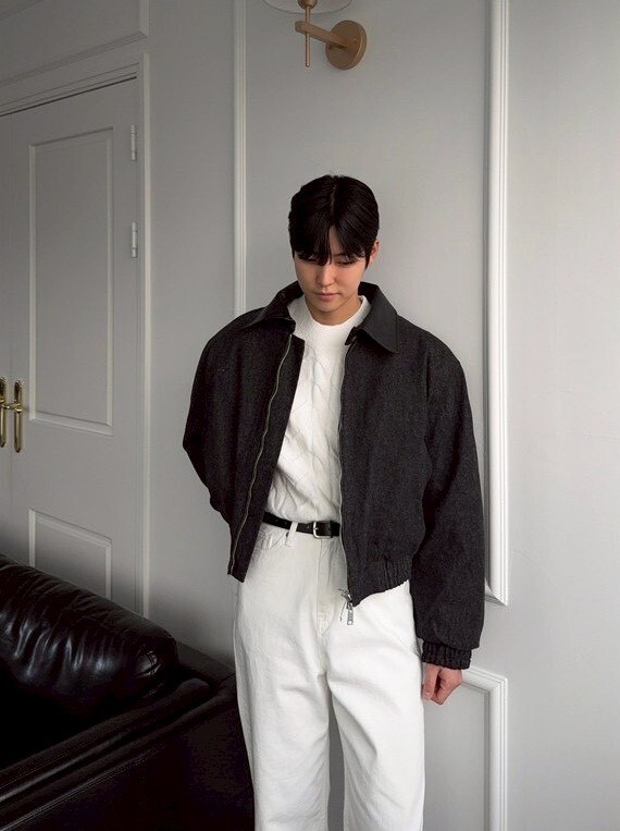 皮革領拼接鋪棉外套 黑