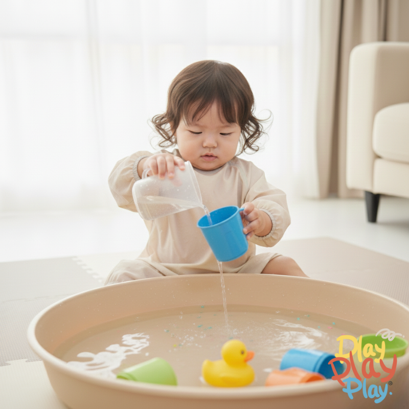 寶寶在玩玩盆中進行水感官遊戲-訓練前庭覺與本體覺提升空間感知能力