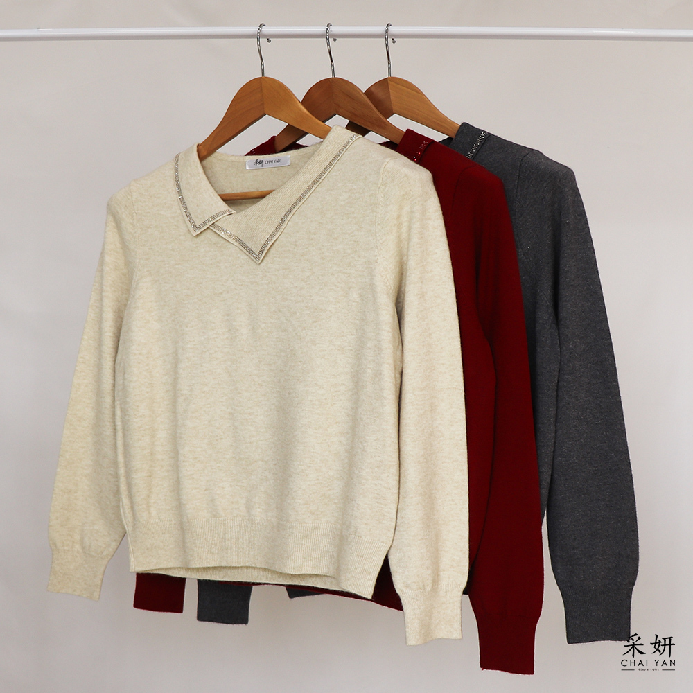 水鑽不對稱翻領針織長袖上衣