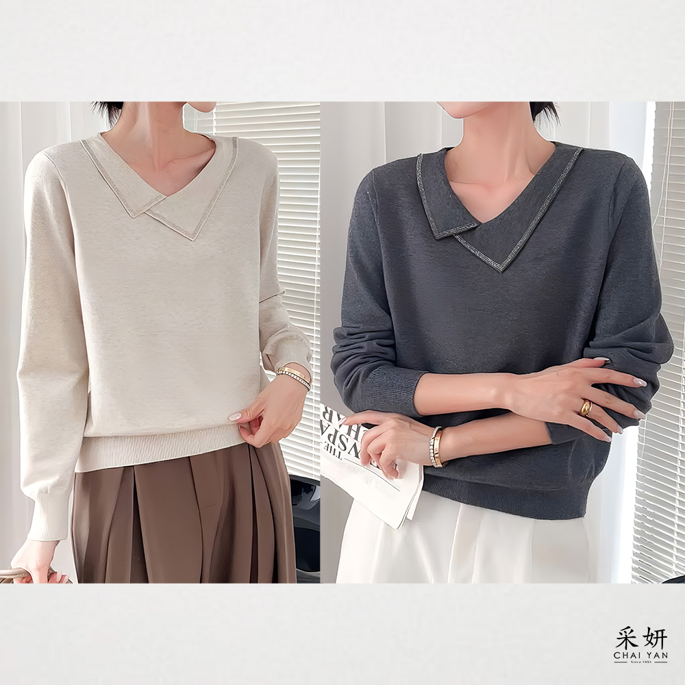 水鑽不對稱翻領針織長袖上衣