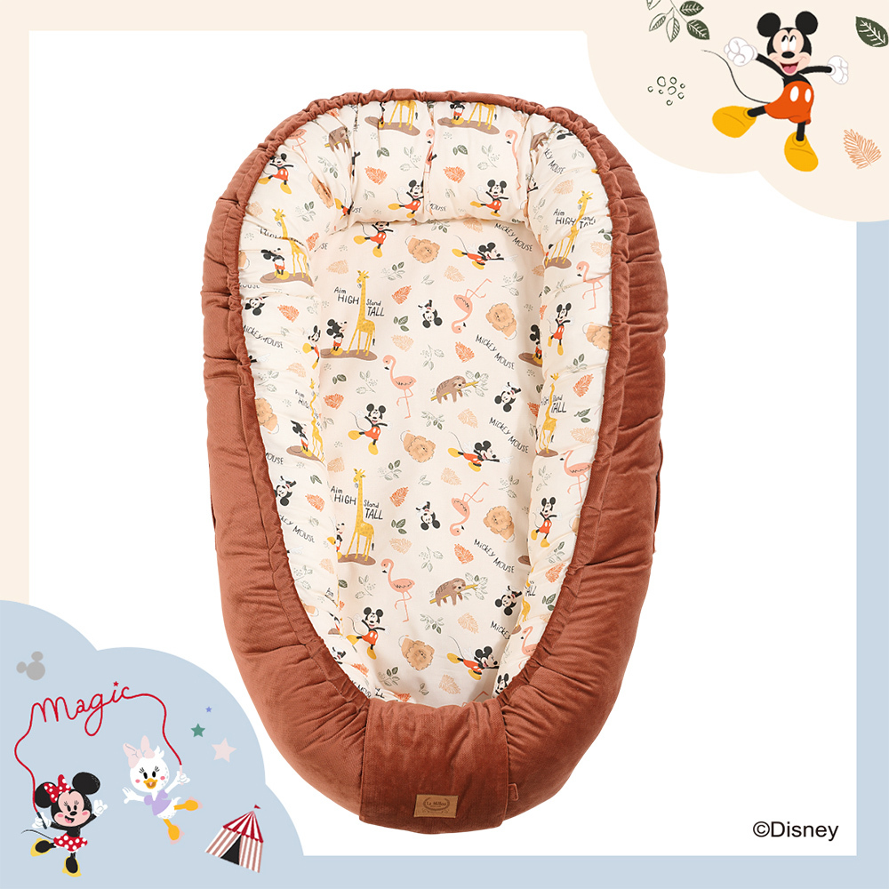 La Millou波蘭 Velvet頂級棉柔嬰兒睡窩(鋪棉版)｜米奇系列_動物園篇(奶油米底)｜舒柔橙紅