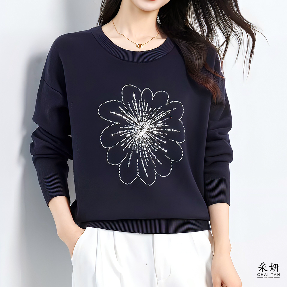 串珠亮片花朵厚針織長袖上衣