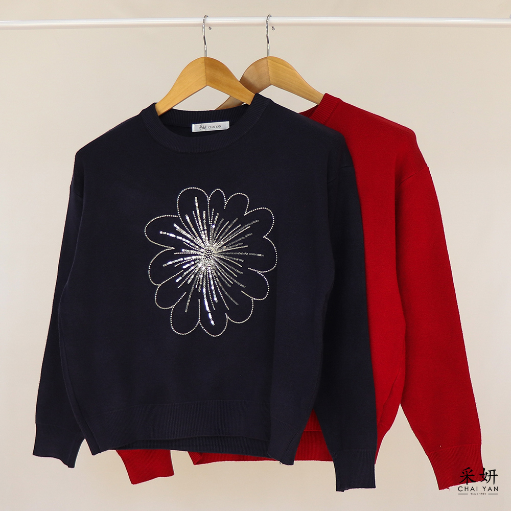 串珠亮片花朵厚針織長袖上衣