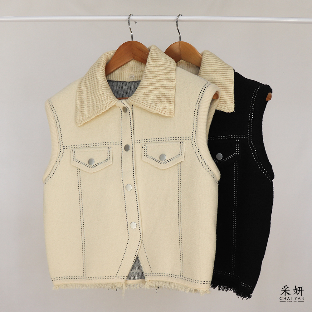 翻領假口袋針織毛呢背心