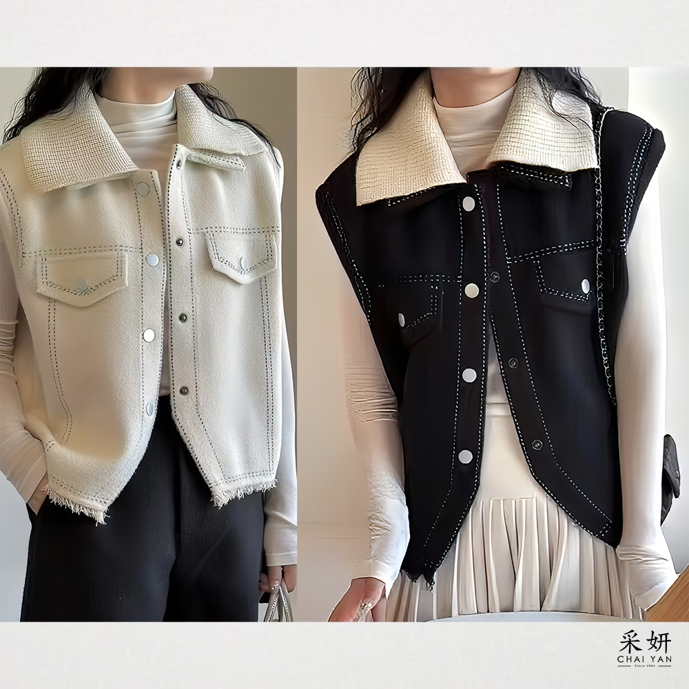 翻領假口袋針織毛呢背心